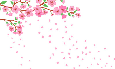 Blooming sakura branch background. Falling pink petals from peach or cherry blossom. Japanese symbol, oriental spring festival neoteric vector poster