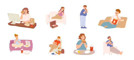 Fat people eating fast food. Overweight young adults with burger, pizza, chips and chicken wings. Junk food, unhealthy nutrition snugly vector set