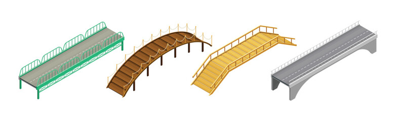 Fixed Bridge as Industrial Road Construction Isometric Vector Set - obrazy, fototapety, plakaty