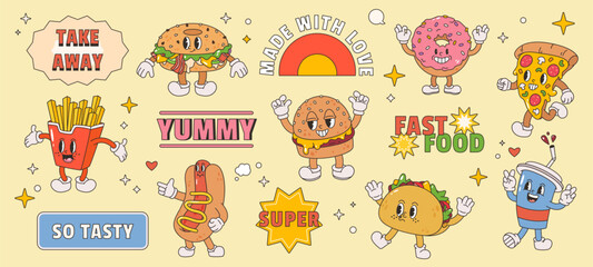 Fast food characters. Groovy delivery stickers and funny burger, hot dog and pizza slice. Retro style cartoon design for trendy restaurant or cafe snugly vector set