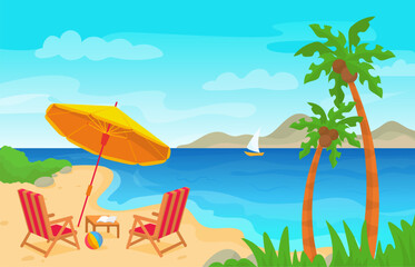 Fototapeta na wymiar Beach landscape with umbrella. Tropical ocean rest, exotic panorama with palms, yacht and mountains. Seaside resting, neoteric vector vacation scene