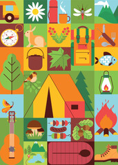 Tourism and camping geometric background with icons of tent, fire, compass; sleeping bag, map, backpack. Hiking equipment and nature elements. Poster, banner, pattern