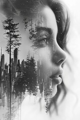 Fototapeta premium Timeless Surrealism: 1970s Woman Transcends Reality in Cityscape Double Exposure Fantasy