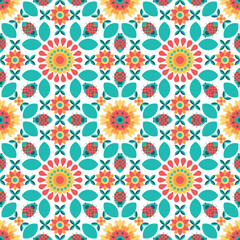 Abstract geometric background with stylized flowers, leaves and ladybug. Decorative floral pattern. Foliage ornament with nature elements. Texture for wallpaper, tile, textile, fabric, packaging