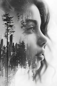 Timeless Surrealism: 1970s Woman Transcends Reality in Cityscape Double Exposure Fantasy