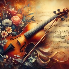 Fototapeta premium Vintage retro watercolor music sheet violin musical instrument frame background. Music melody, flying butterflies, dancing notes, treble clef, blooming flowers. Music concept
