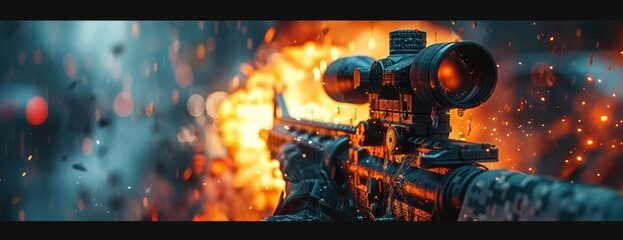 Sniper Rifle in Focus with Fiery Background on Battlefield - obrazy, fototapety, plakaty
