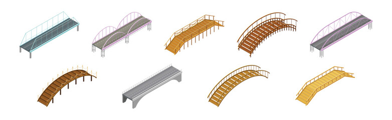 Fixed Bridge as Industrial Road Construction Isometric Vector Set - obrazy, fototapety, plakaty