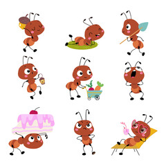 Cartoon ants characters. Isolated ant working, relaxation and eating. Cute children mascot with different emotions. Insect activity nowaday vector clipart