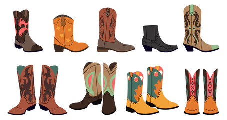 Cowboy boots. Wild west fashion boot with decorative elements. Cowgirl stylish shoes, cartoon western style accessories decent vector collection