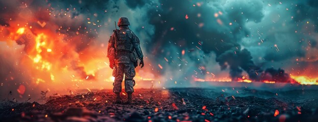 Soldier Facing an Inferno on the Battlefield