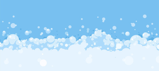 Soap bubbles cartoon background. Foam banner, suds bathroom effect. Bubble stream in air, clouds or fizzy. Flat abstract snugly vector concept - obrazy, fototapety, plakaty