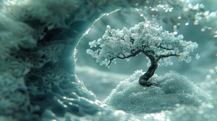 a bonsai tree sitting on top of a rock covered in lichen and bubbles in a pool of water. - obrazy, fototapety, plakaty