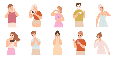 Adult routine in bathroom. People wash face, brush teeth, shave and comb. Girl dry hair and boy relaxing with coffee and skin mask. Hygiene snugly vector set