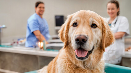 closeup of golden retriever puppy looking at camera, at the vet's office. Behind, out of focus, the veterinarian smiling. 