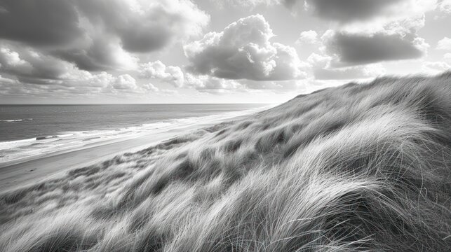 a black and white photo of a beach with waves crashing in to the shore and clouds in the sky above.