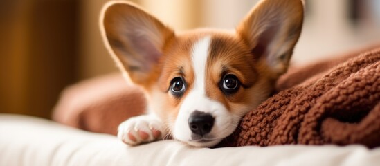 A cute Pembroke Welsh Corgi puppy with brown and white fur rests on top of a soft blanket spread over a bed, looking adorable and cozy in a domestic setting.