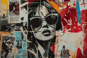 urban landscape as a collage of posters showcases the diverse talents of street artists, capturing the essence of noir comic art with torn paper accents and vintage-inspired imagery