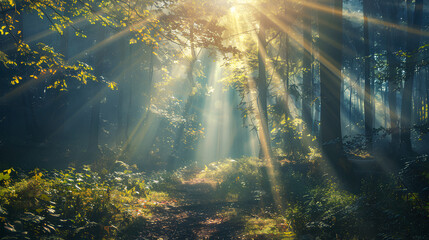  Mysterious forest with sunbeams and rays of light.