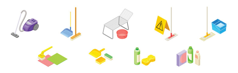 Household Cleaning Equipment and Object for Cleanup Isometric Vector Set