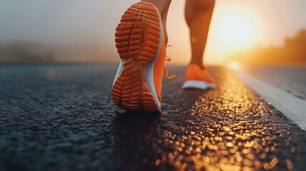 Athlete runner feet running on road close up on shoe, marathon running race