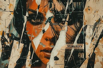Step into the gritty world of street art with a captivating collage of posters featuring numerous artists, evoking the aesthetic of noir comic art through torn paper and iconic vintage imagery