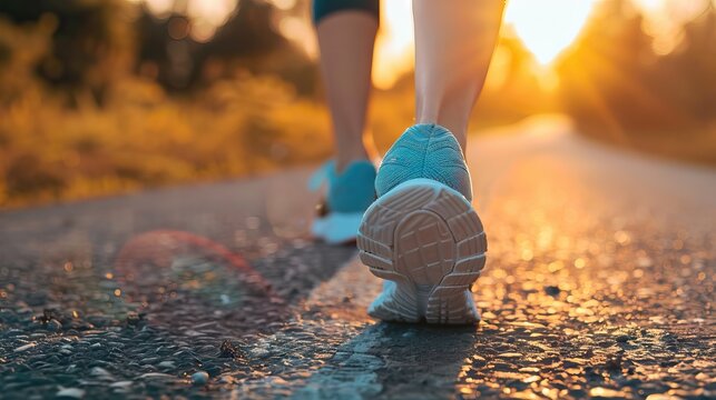 Runner feet running on road closeup on shoe. woman fitness sunrise jog workout welness concept. AI generated illustration