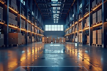 Background cardboard boxes inside warehouse. Logistics center. The composition filled with cardboard boxes. AI generated illustration - obrazy, fototapety, plakaty