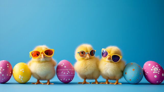 Yellow chicks donning sunglasses pose with Easter eggs against a cheerful blue background