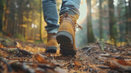one person walking in the woods. Speed-hiking shoes closeup