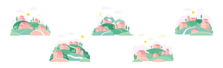 Small Town Scenes with House on Hills with Tree Vector Set