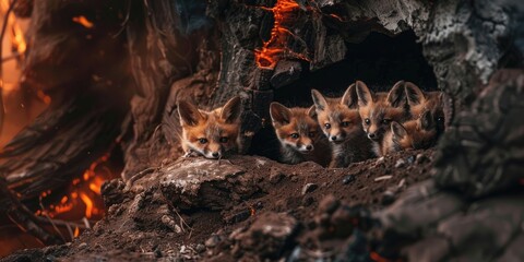 International Firefighters Day, a family of foxes peeping out of a hole against the background of a...