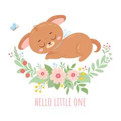 Cute sleeping puppy with a flowers and butterfly. Cartoon hand drawn character for invitation, poster, sticker, print and greeting card. Scandinavian vector illustration isolated on white background. 