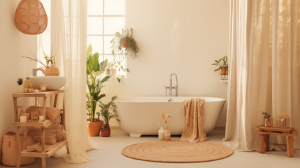 Przytulna jasna łazienka w stylu boho - odcienie beżu i brązu. Rośliny, tekstylia i drewniane meble. Render 3d.