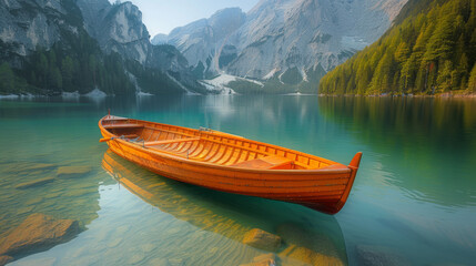 Beautiful view of traditional wooden rowing boat on scenic Lago di Braies in the Dolomites in scenic morning light at sunrise, South Tyrol, Italy. - obrazy, fototapety, plakaty