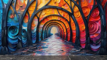a painting of a colorful tunnel with trees on both sides of the tunnel and a man walking down the middle of the tunnel.
