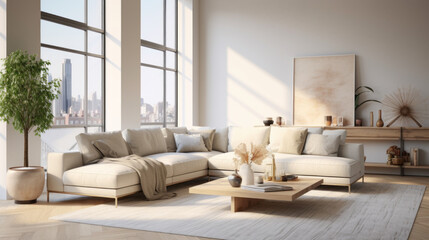 A modern living room with customizable furniture, featuring a light grey sectional and a beige shag rug