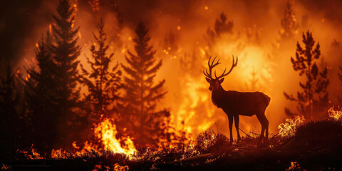 International Firefighters Day, silhouette of a deer against the background of a burning forest, forest fires, rescue of wild animals, environmental disaster