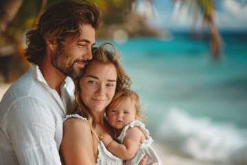 Fototapeta na wymiar Caucasian family mom, dad and child walking on sandy coast of tropical sea.