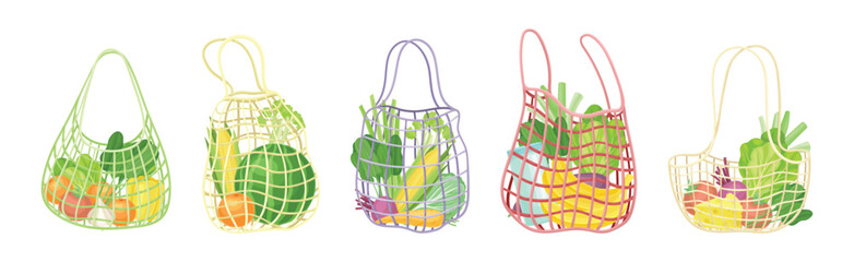 Shopping Mesh or Net Bag with Various Grocery Product Vector Set