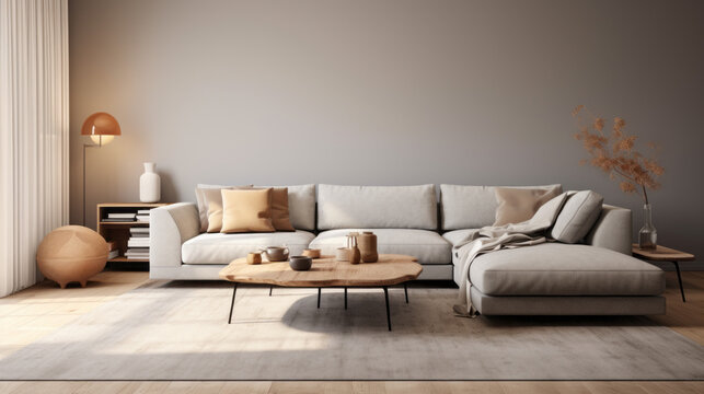 A modern living room with customizable furniture, featuring a light grey sectional and a beige shag rug
