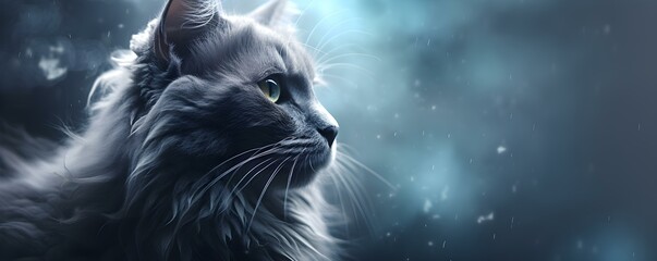 Magnificent grey cat showcases its fluffy fur against a dark background. Concept Pets, Photography, Grey Cat, Fluffy Fur, Dark Background