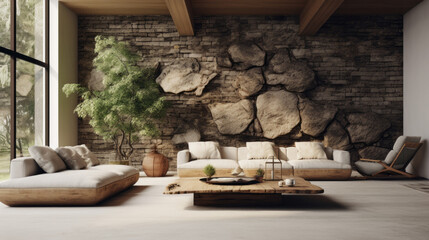 A modern living room with a unique wood and stone wall, green plants, and comfortable seating