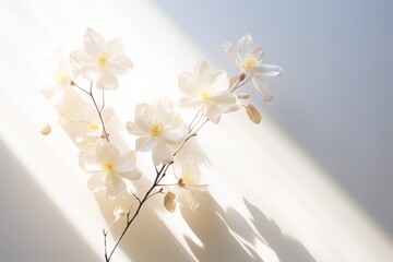 A close-up of delicate white magnolia flowers on a branch with green leaves, creating a beautiful...