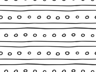 Striped Black and white Doodle seamless Pattern. Line, rings hand drawn Horizontal endless Linear background. Black outline elements on white. Ink abstract texture for print design