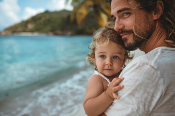 Fototapeta na wymiar Father holds child in arms against background of tropical sea with palm trees