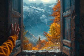 Hands open room door or window to nature and autumn mountains. Relax, mood and vacation concept. - obrazy, fototapety, plakaty