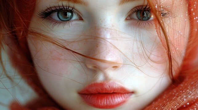 a close up of a woman's face with frecks on her hair and a scarf around her neck.