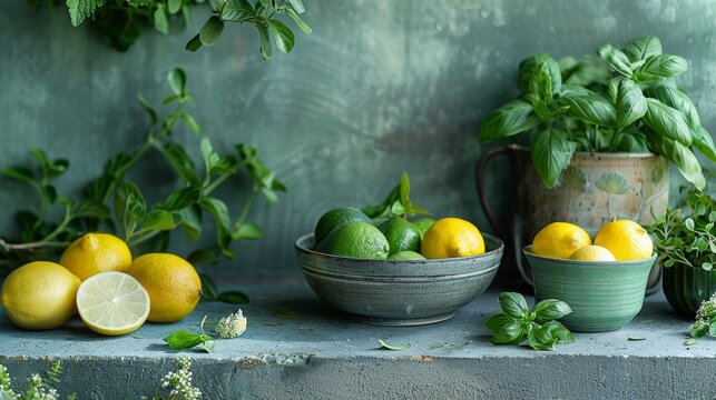 Lemons and limes with basil in rustic kitchen setting. Freshness and natural ingredients concept. Design for cooking class, recipe book cover, and organic produce promotion