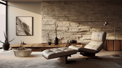A modern living room with a textured wall finish, and a chaise lounge